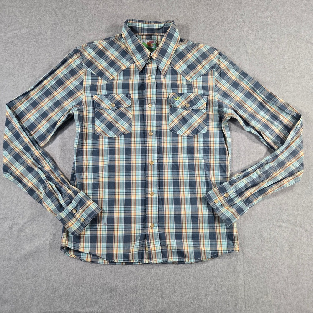 Hollister Mens Blue Orange Plaid Western Long Sleeve Button Down Shirt Small